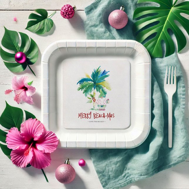 Assiettes En Carton Plaques en papier de Noël Plage tropicale mignonne (Tropical Christmas paper plates beach-mrs watercolor palm tree and Santa on the beach)