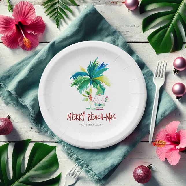 Assiettes En Carton Plaques en papier de Noël Plage tropicale mignonne (Tropical Christmas paper plates beach-mas watercolor art by Victoria Grigaliunas Do Tell A Belle)