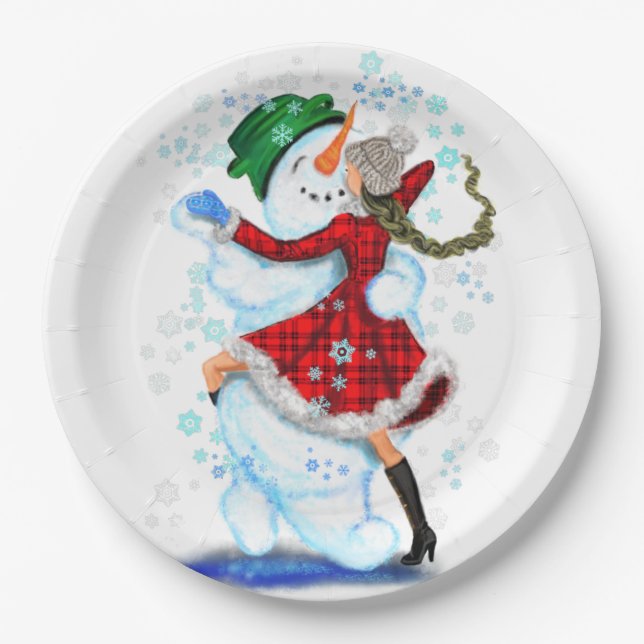 Assiettes En Carton Plaques en papier de Noël Snowman et Girl Dance (Devant)