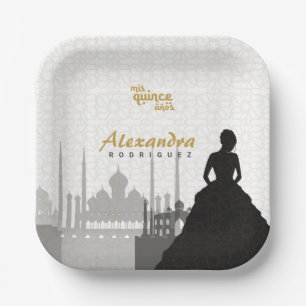 Assiettes En Carton Plaques en papier de Quinceañera noir et or arabe