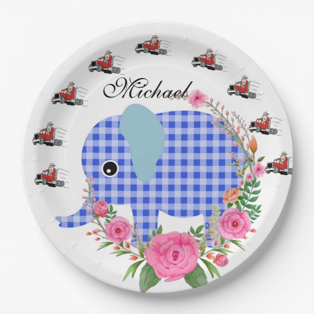 Assiettes En Carton Plaques en papier d'éléphant bleu floral de tourne (Devant)