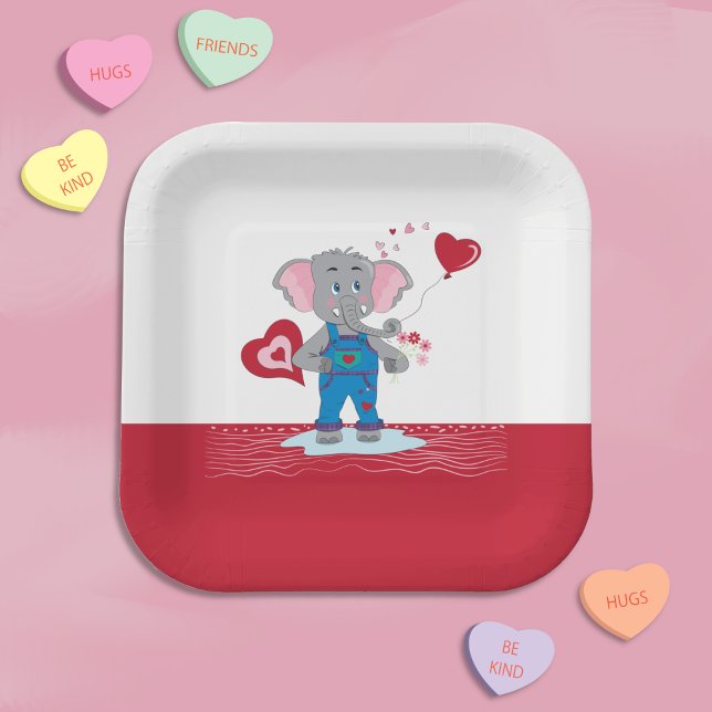 Assiettes En Carton Plaques en papier d'éléphant de cartons rouges et  (Sweet red and white paper plates featuring a charming cartoon elephant . )