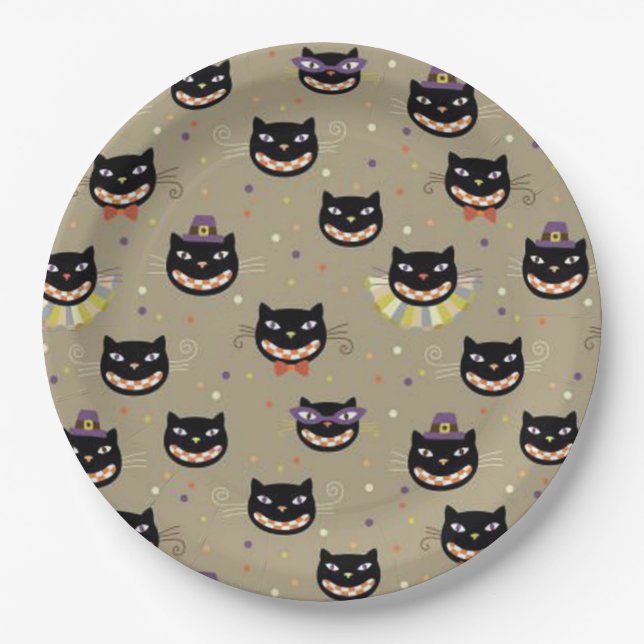 Assiettes En Carton Plaques en papier d'Halloween/Chats noirs amusants (Devant)