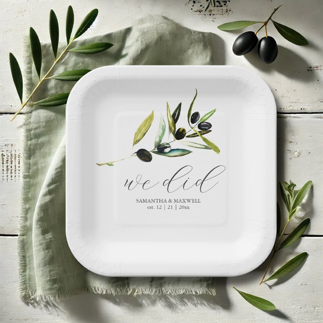 Assiettes En Carton Plaques en papier d'olive minimes Végétation botan (Paper plates weddings minimal olive branch watercolor art by Victoria Grigaliunas Do Tell A Belle)