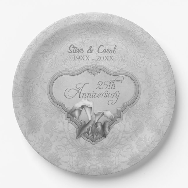 Assiettes En Carton Plaques en papier du 25e anniversaire Silver Calla (Devant)