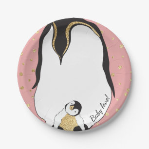 Assiettes En Carton Plaques en papier "Gold Baby & Maman Penguins Rose