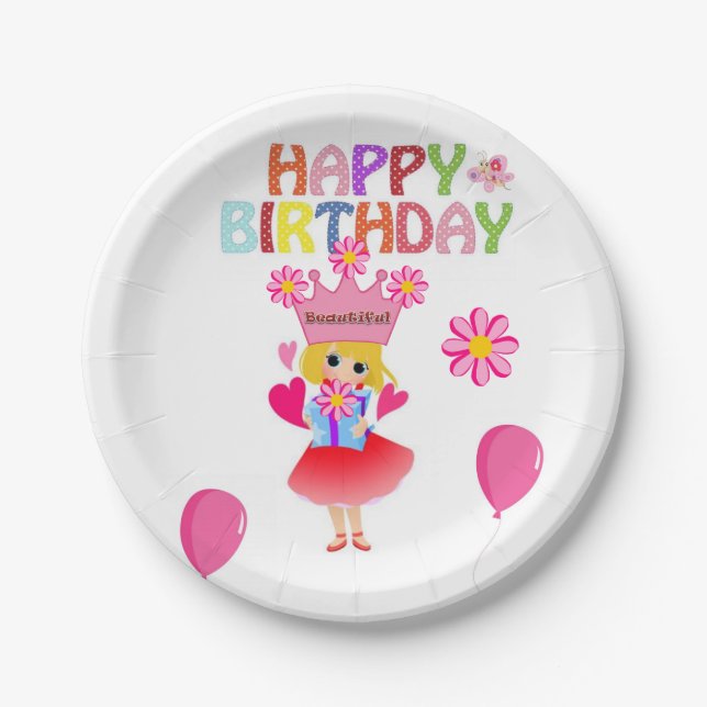 Assiettes En Carton Plaques en papier, joyeuse princesse rose d'annive (Devant)
