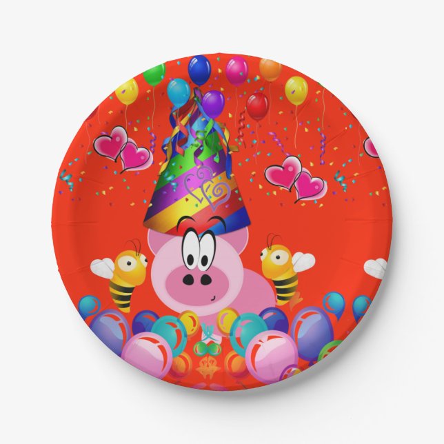 Assiettes En Carton Plaques en papier, Joyeux Anniversaire Pink Pig Bu (Devant)