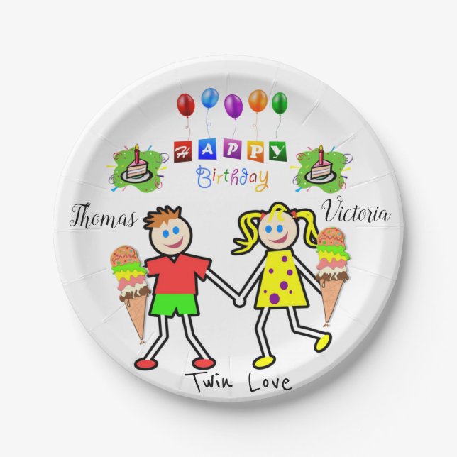 Assiettes En Carton Plaques en papier, Joyeux jumeaux d'anniversaire (Devant)