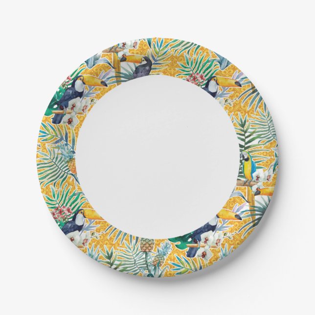 Assiettes En Carton Plaques en papier Luau avec Toucans et ananas (Devant)