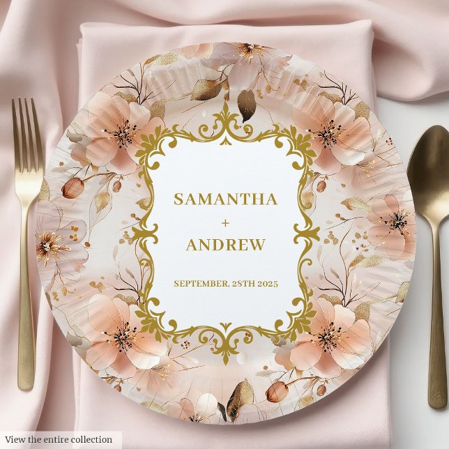 Assiettes En Carton Plaques en papier Mariage en or brillant (Fancy Blush Gold Wedding Paper Plates)