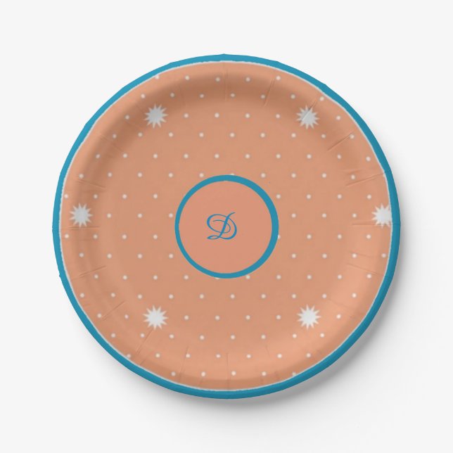 Assiettes En Carton Plaques en papier monogramme Aqua et Coral (Devant)