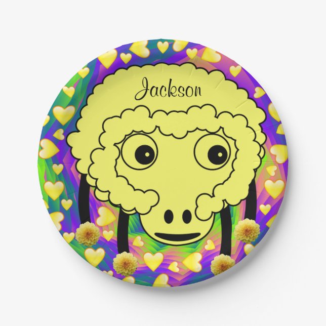 Assiettes En Carton Plaques en papier, Mouton Jaune Coeurs Jaunes (Devant)