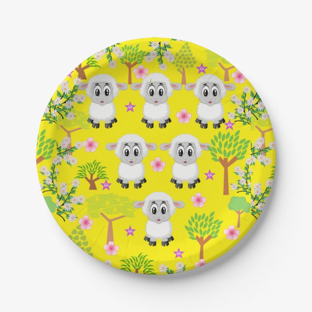 Assiettes En Carton Plaques en papier, Moutons Arbres Floral Jaune (Devant)
