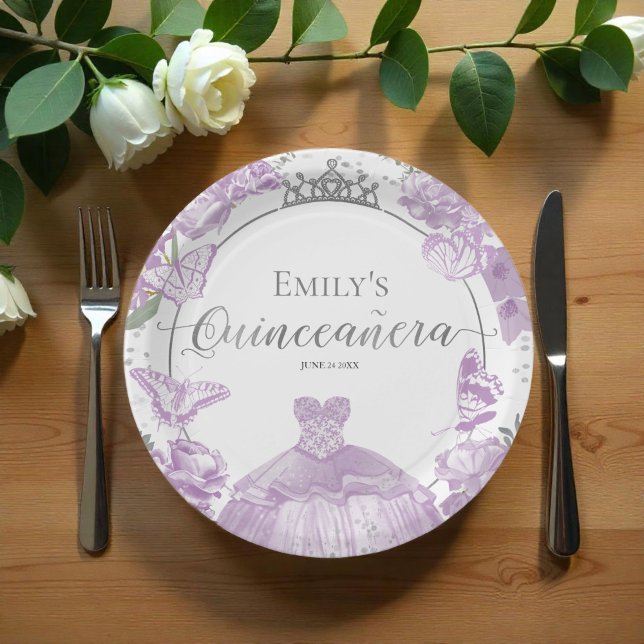 Assiettes En Carton Plaques en papier Quinceanera Robe lavande florale (Créateur téléchargé)