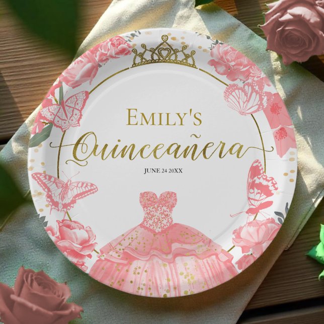 Assiettes En Carton Plaques en papier Quinceanera Robe rose Robe Flora (Créateur téléchargé)