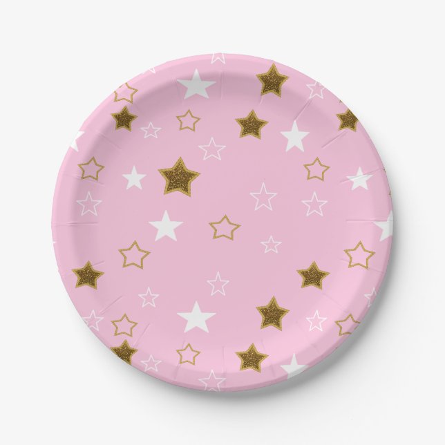 Assiettes En Carton Plaques en papier rose et or Stars (Devant)