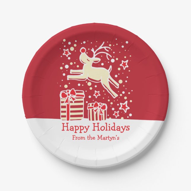 Assiettes En Carton Plaques en papier rouge motif de rennes de Noël (Devant)
