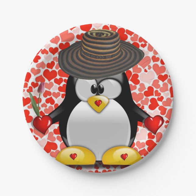 Assiettes En Carton Plaques en papier Saint-Valentin, Penguin (Devant)