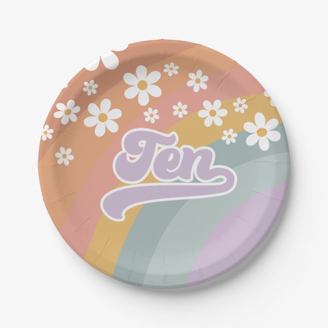 Assiettes En Carton Plaques en papier super Retro Rainbow 10th Birthda (Devant)