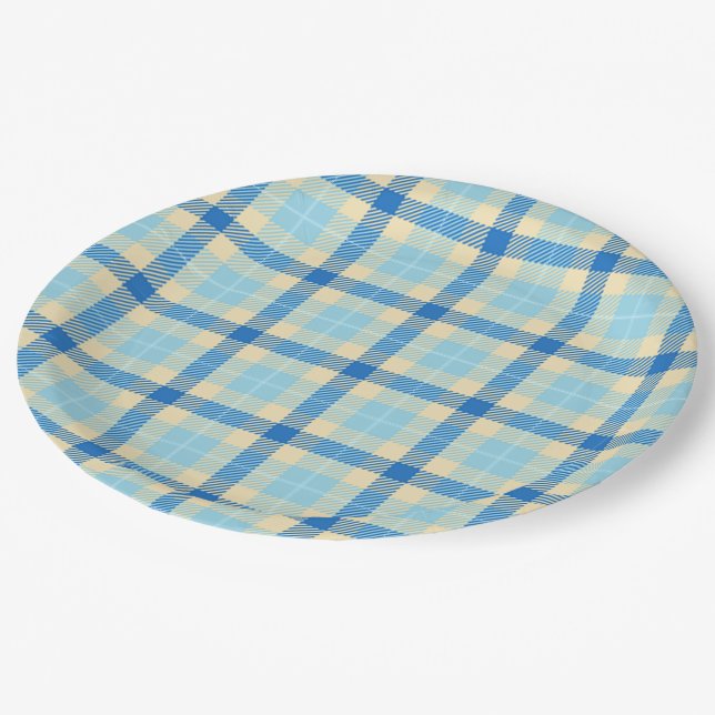 Assiettes En Carton Plaques en papier tartan bleu marine et ciel (Angle)
