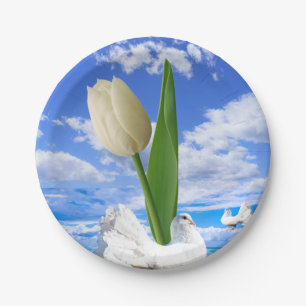 Assiettes En Carton Plaques en papier, Tulipe Floral Oiseaux blancs