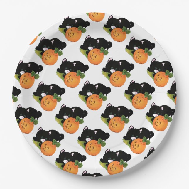 Assiettes En Carton Plaques papier 9"/Chat noir et Citrouille (Devant)