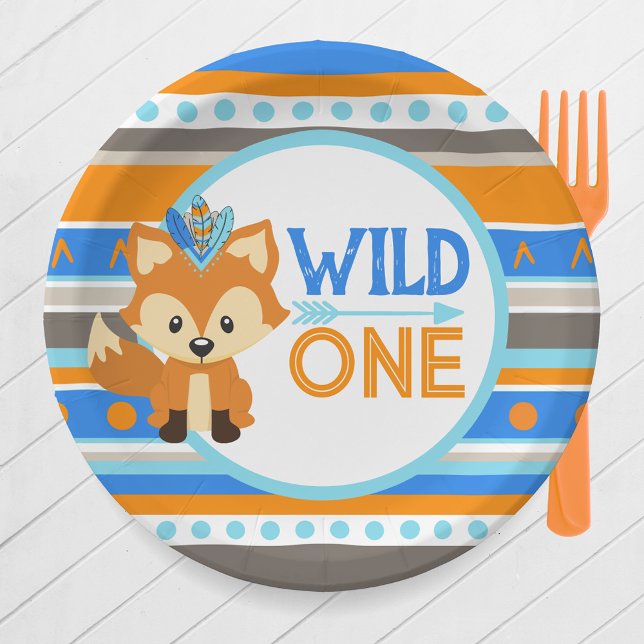 Assiettes En Carton Plaques papier à motif sauvage One Fox 1er Anniver (Forest Fox Wild One 1st Birthday Party Paper Plates in Royal Blue, Baby Blue & Orange )