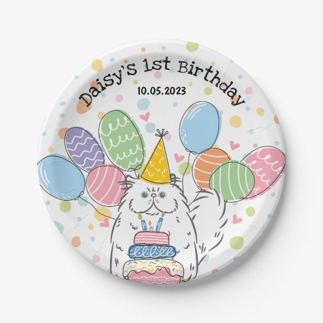 Assiettes En Carton Plaques papier blanc Perse Chat Anniversaire (Devant)