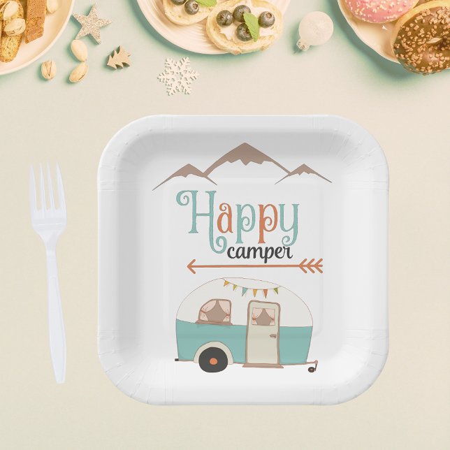 Assiettes En Carton Plaques papier Carré Happy Camper Retro RV (Créateur téléchargé)