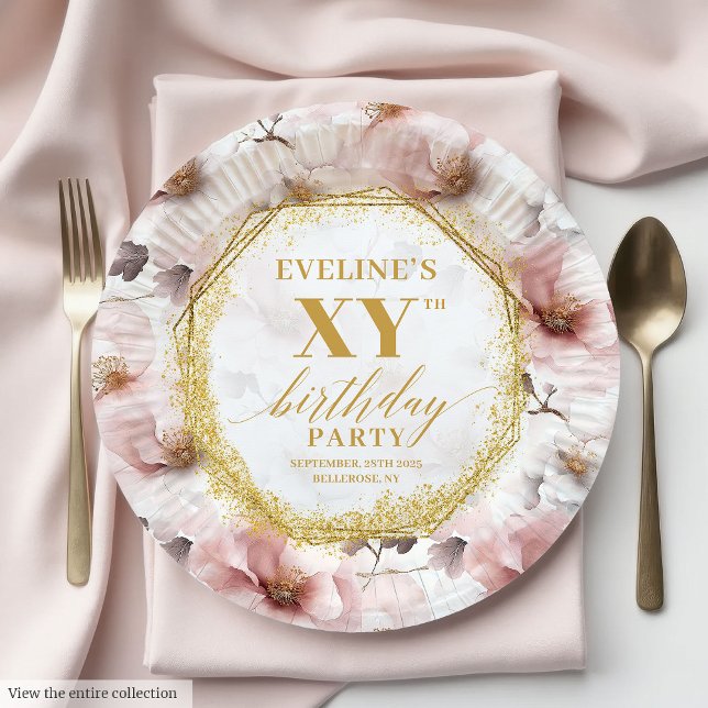 Assiettes En Carton Plaques papier d'anniversaire Blush Floral (Inspiring Blush Floral Gold  Birthday Paper Plates)