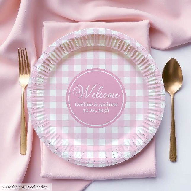 Assiettes En Carton Plaques Papier de fête de mariage Plaqué rose Mono (Wedding Party Paper Plates Pink Plaid Monogram Style)