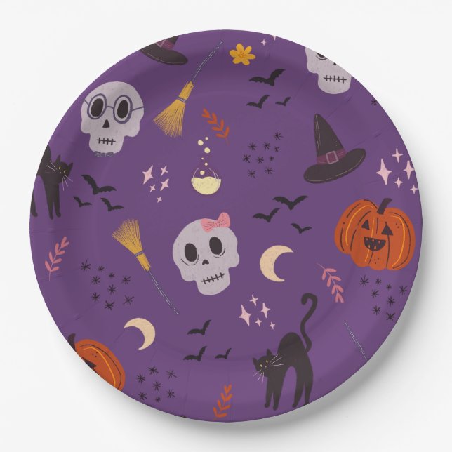 Assiettes En Carton Plaques papier d'Halloween - Crânes, Citrouille et (Devant)