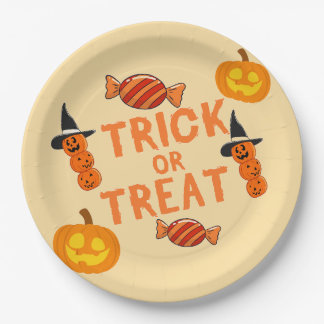 Assiettes En Carton Plaques papier Halloween "Trick or Treat" avec pom