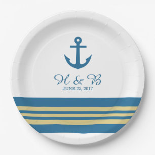 Assiettes En Carton Plaques papier Mariage Blue Gold Nautical Ancre