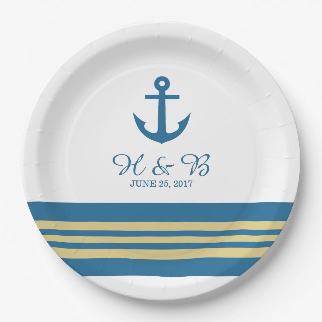 Assiettes En Carton Plaques papier Mariage Blue Gold Nautical Ancre (Devant)