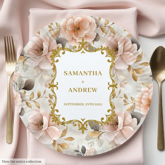 Assiettes En Carton Plaques papier Mariage Blush Gold uniques (Unique Blush Gold Wedding Paper Plates)