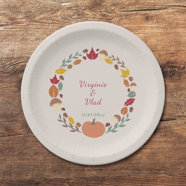 Assiettes En Carton Plaques papier Mariage de automne et courroie (Wreath & Fall Wedding Paper Plates)
