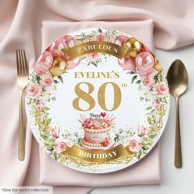Assiettes En Carton Plaques papier personnalisées Rose Gold 80th Birth (Personalized Rose Gold 80th Birthday Paper Plates)