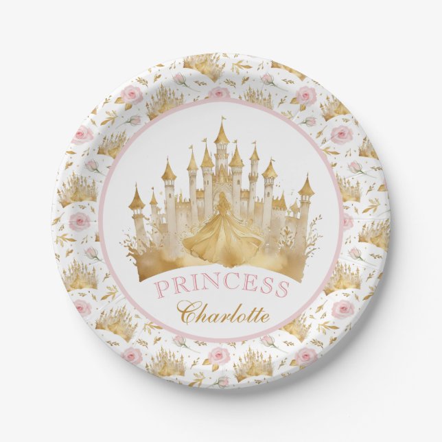 Assiettes En Carton Plaques papier Princess Party rose et or (Devant)