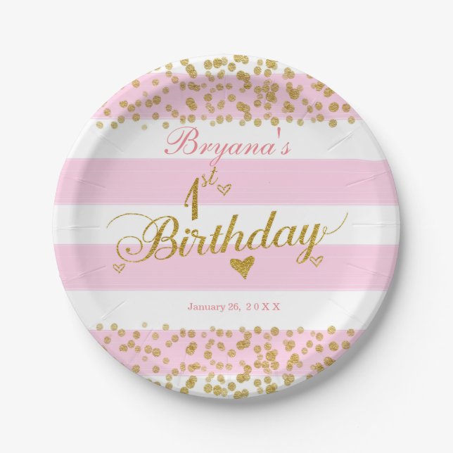 Assiettes En Carton Plaques papier rose blanc & or 1ER ANNIVERSAIRE (Devant)