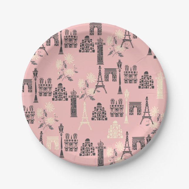 Assiettes En Carton Plaques Papiers Paris Roses (Devant)