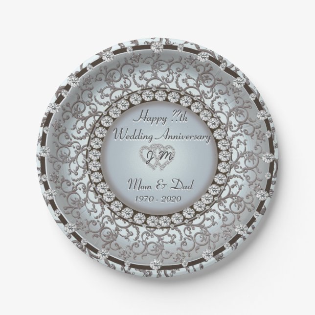 Assiettes En Carton Plat de monogramme d'anniversaire de mariage (Devant)