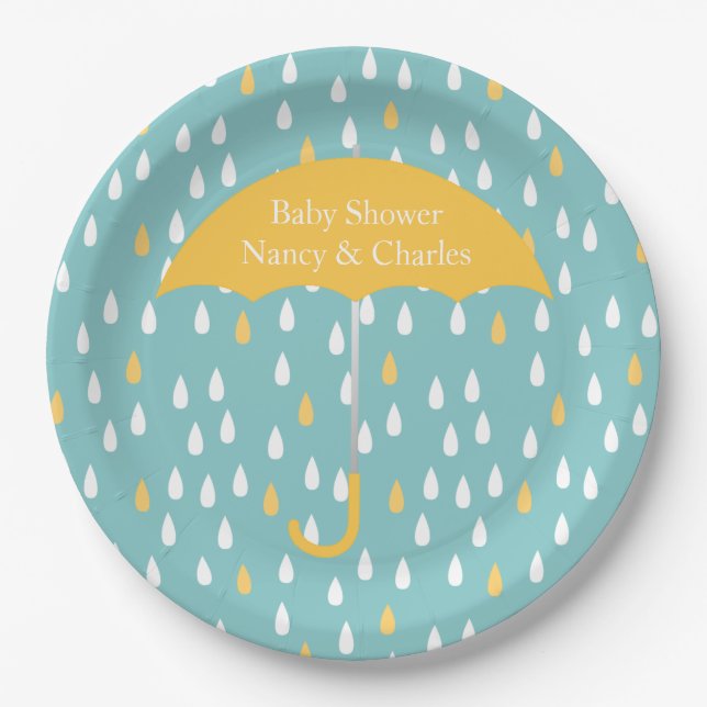 Assiettes En Carton Plat jaune de baby shower de parapluie (Devant)