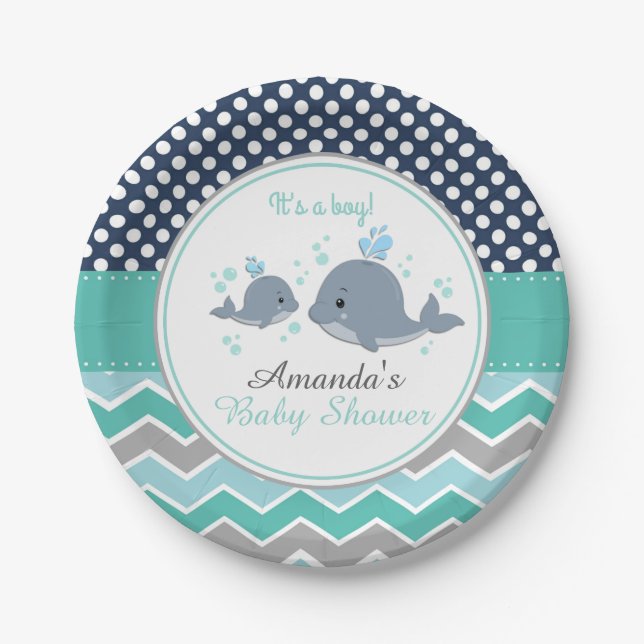 Assiettes En Carton Plate de papier Baby shower de baleine garçon Chev (Devant)