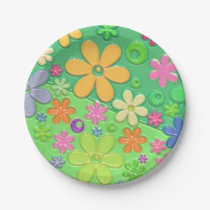Assiettes En Carton Plates en papier de fleurs des années 60 vert mign