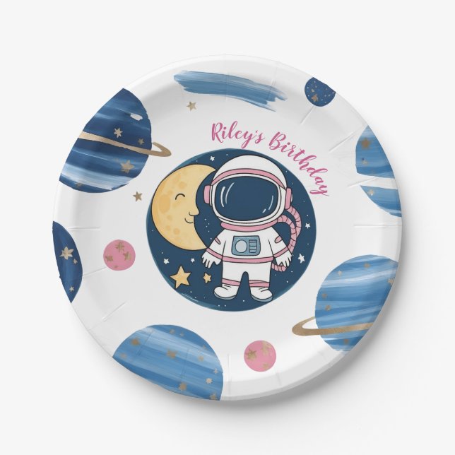 Assiettes En Carton Plato De Papel Cumpleaños Astronauta Pink Blue (Devant)