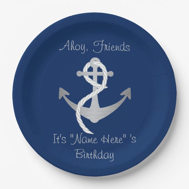 Assiettes En Carton Plats bleus et argentés nautiques faits sur (Devant)