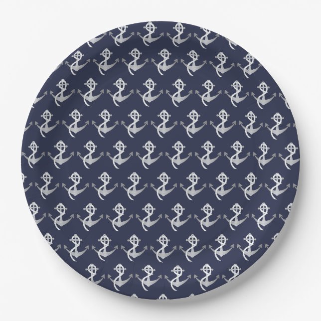Assiettes En Carton Plats nautiques bleus et argentés d'Ancre de (Devant)