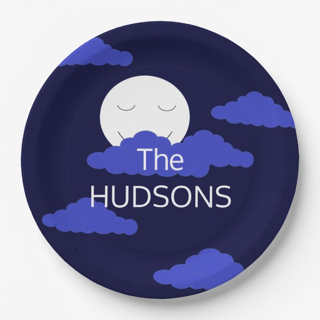 Assiettes En Carton Pleine lune souriante avec nuages foncés : (Devant)